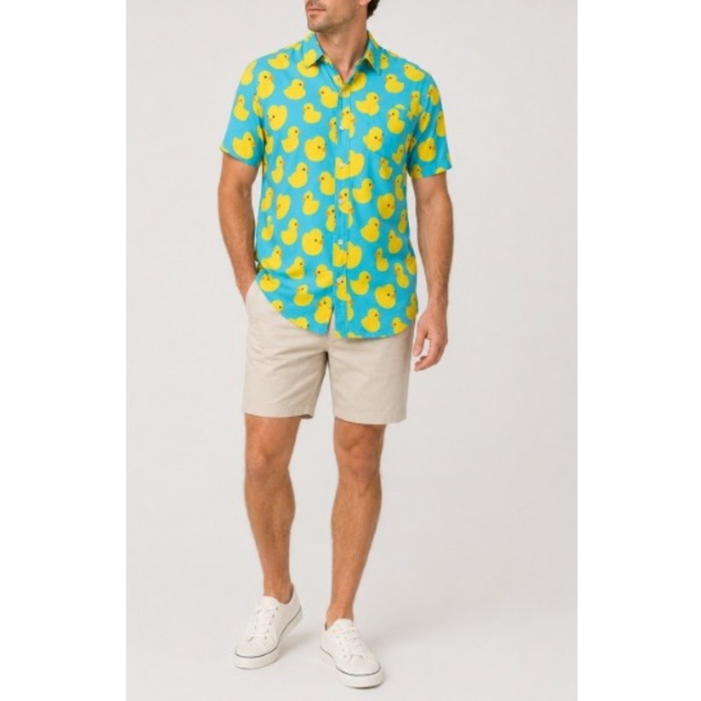 Tipsy Elves Men's Blue Yellow Rubber Ducky Hawaiian Shirt Size XXL NWT